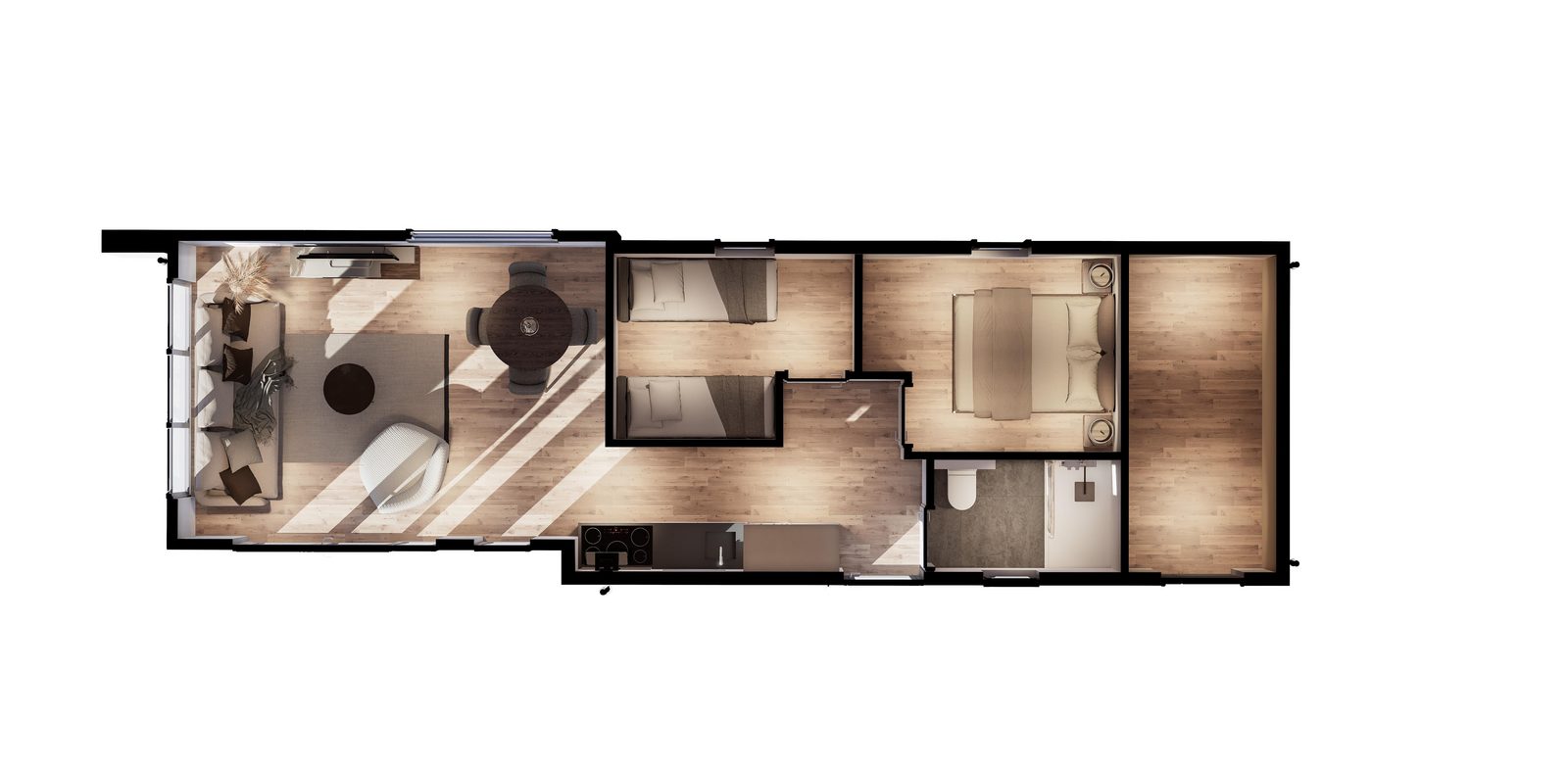 Plattegrond van de lodge met woonkamer, keuken, twee slaapkamers en badkamer